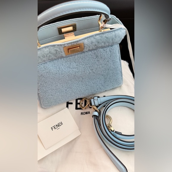 FENDI Peekaboo Mutton Fur + Lamb Leather Blue Powder Sugar + Soft Gold Mini NWT! - Picture 7 of 9